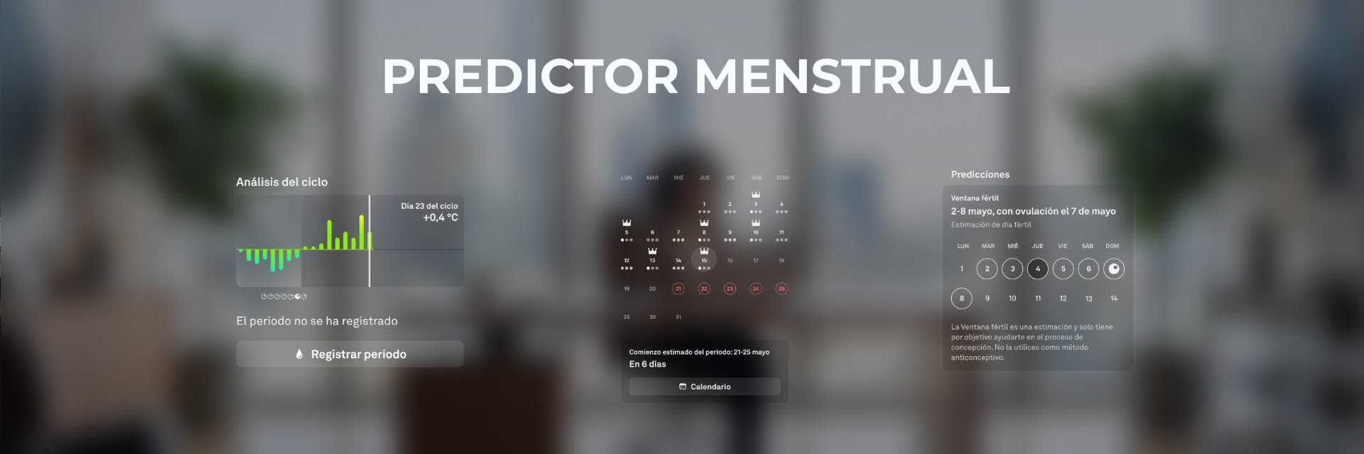 Predictor menstrual de NOON mostrando el análisis del ciclo, el calendario del mes y la ventana fértil estimada con fecha de ovulación